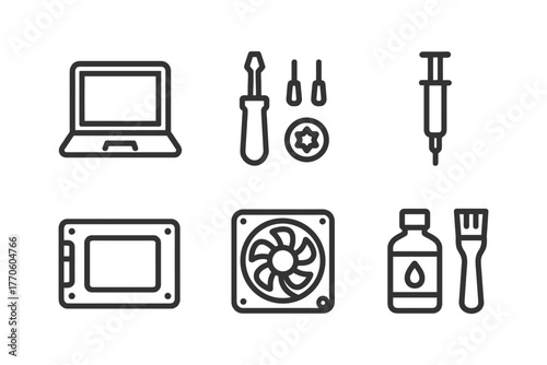 Computer hardware and maintenance tools icons: laptop, screwdrivers, syringe, ssd, fan, thermal paste.