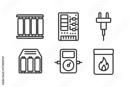 Battery and electrical circuit icons set: charger, tester, plug, power, energy symbols.