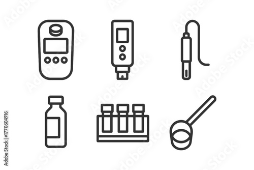 Medical testing equipment icons for glucose, vials, pipettes, and droppers.