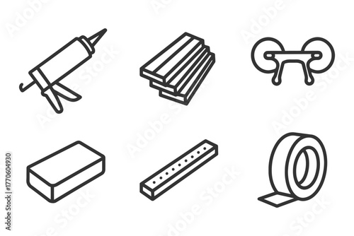 Collection of line icons: caulking gun, lumber, saw, brick, ruler, tape.