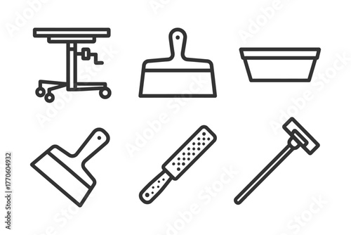Construction tools: scaffolding, putty knife, grater, tray, and hoe line icons set.