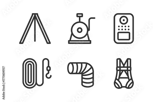 Firefighting equipment icons set: hose, siren, ladder, extinguisher, hydrant, safety gear.