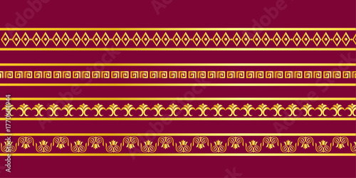 Traditional Indian golden border pattern on red background, ethnic textile ornament design for saree, wedding invitation, or festive decoration