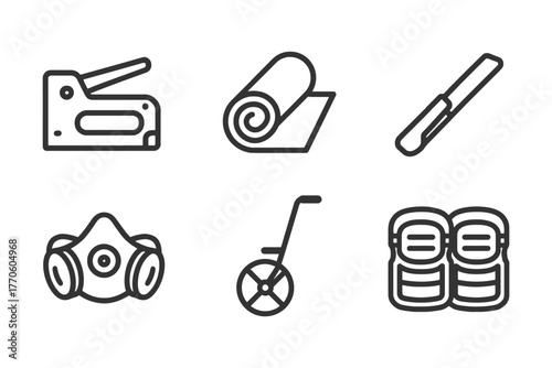 Diy tools collection: staple gun, roller, cutter, respirator, measuring wheel, knee pads.