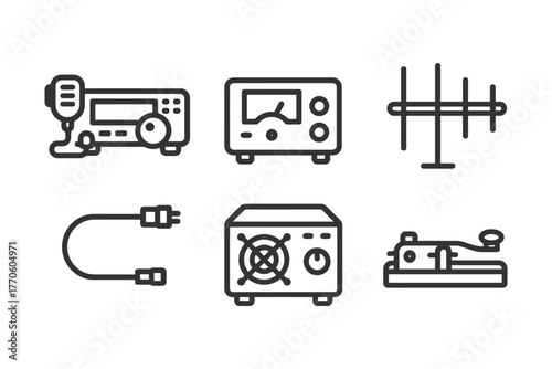Line art icons: transceiver, antenna, morse key, power supply, connector cable.