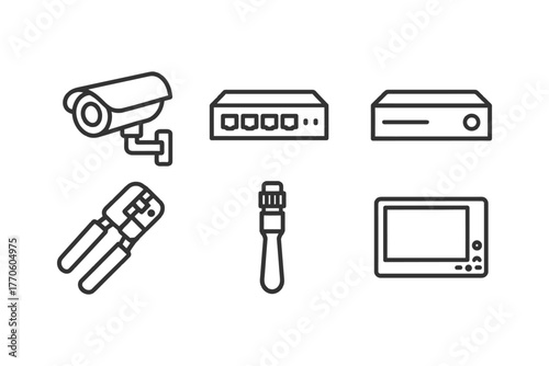 Surveillance equipment icons: camera, network switch, dvr, crimper, cable, monitor.