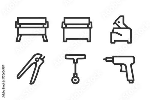 Set of tool icons: workbench, clamp, pliers, t-handle, drill.