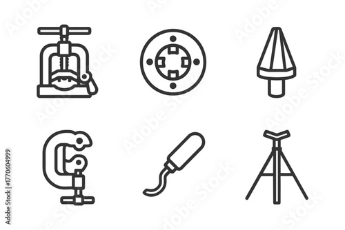 Collection of engineering tools icons: vise, flange, reamer, clamp, trowel, tripod.