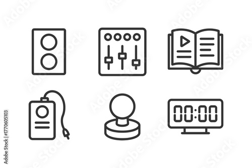 Audio mixer, open book, speaker, badge, joystick, timer line icons set.