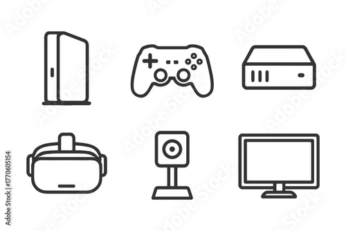 Gaming console controller headset web camera and monitor icons.