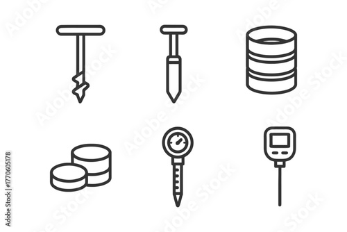 Soil testing icons: auger, sampler, core, gauge, probe.