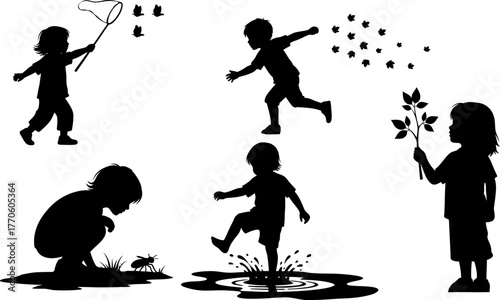 Children's silhouettes engaged in playful outdoor activities on a white background