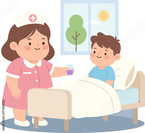 Kind nurse cares for young boy recovering in hospital bed