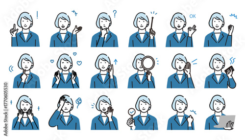 女性の表情ービジネスパーソンの色々なポーズー表現アイコンセットーベクターイラスト素材