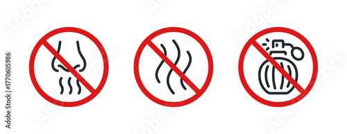 Anti bad smell, odor control, fragrance free editable stroke outline icons set isolated on white background flat vector illustration. Pixel perfect. 64 x 64.