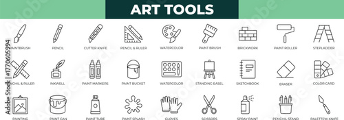 Paint art tools - thin line icon set.Rruler, scissors, vignetting, sketchbook, stationery, tool, tube, vector, watercolor icon collection.