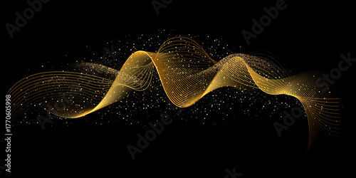 Gold waves background. Golden wave lines with glowing light effect on black background. Curved abstract stripes forming fluid motion and elegant movement. Luxury modern vector design.