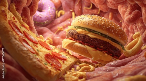 Junk fast food inside human digestive system, pizza, burgers, donuts, fries. Intestines unhealthy eating, effects on body. Health, diet, lunch choices. In stomach, belly.