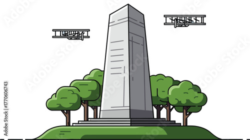 Wright brothers monument with biplanes flying in the sky