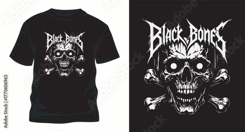 Black Bones T-Shirt Design with Skull and Crossbones Metal Style Vector Graphic Apparel Print Idea for Rock Band Merchandise Clothes Concept