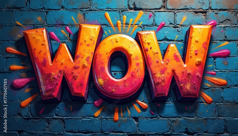 Naklejka premium Bold graffiti letters spell WOW with spray paint splashes on blue brick wall. Colorful urban art expresses excitement, amazement. This vibrant design is perfect for advertising or creative projects.