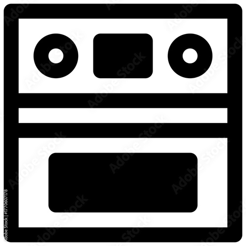 Range oven. Outlined stroke vector icon with black-filled details.