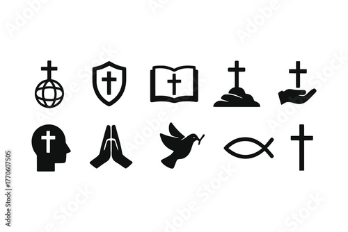 Collection of Christian symbols and icons on white background vector illustration
