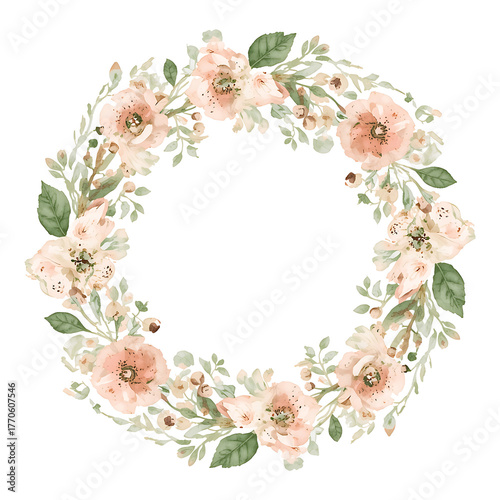 A delicate watercolor floral wreath featuring soft pink flowers and green leaves arranged in a circular pattern, set against a white background. The design presents a light, airy feel with pastel tone
