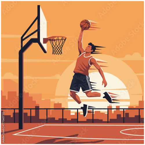 Street Basketball Energy

urban street court scene, basketball player performing dunk, flat vector style, 