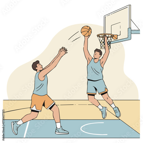 Teamwork Dunk Moment

two players in basketball court, one passing ball and another dunking, flat vector style, 