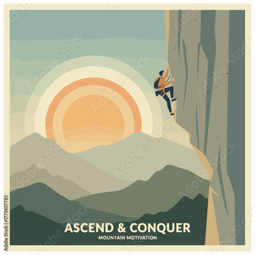Rock Climbing or Outdoor Adventure
 Person scaling a cliff, with sun and mountain scenery.