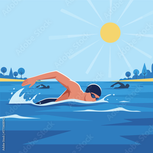 Triathlon Swimming Segment

vector flat illustration of triathlon athlete swimming with goggles and cap, endurance sport concept, 