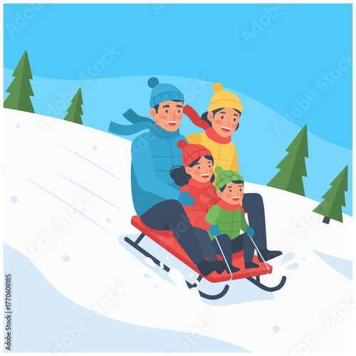 Sledding Family Fun cartoon illustration 

