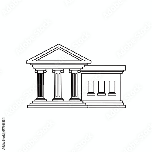 A simple line art illustration of a courthouse, the courthouse has a classical design with columns and a triangular pediment