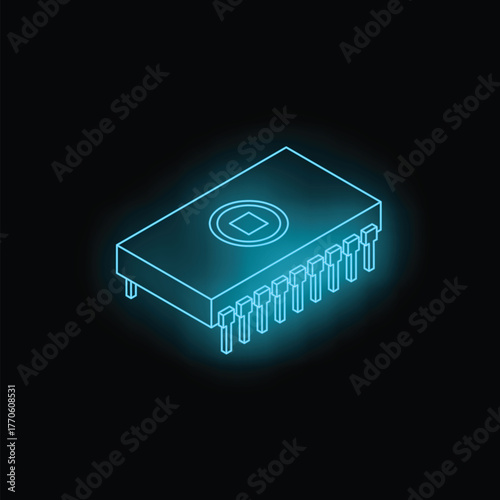 Neon blue microchip representing technological advancement and processing capabilities