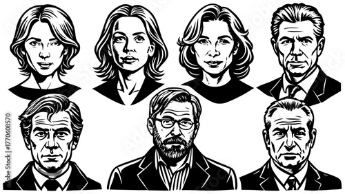 Very beautiful series of 6 avatars drawn with clean black rapidograph lines, depicting middle-aged characters aged 40–50, a mix of male and female faces, confident expressions, short and medium hairst
