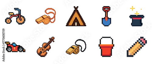 Pixel art toys and objects: tricycle, whistle, tent, shovel, magic hat, race car, violin, bucket, pencil