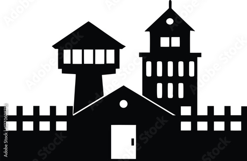 Prison Building Security Watchtowers Clean Silhouette Vector Illustration