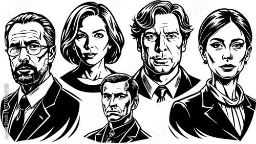 Very beautiful series of 6 avatars drawn with clean black rapidograph lines, depicting middle-aged characters aged 40–50, a mix of male and female faces, confident expressions, short and medium hairst