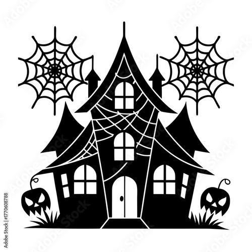 Spooky halloween haunted house with pumpkins and cobwebs silhouette isolated on white background