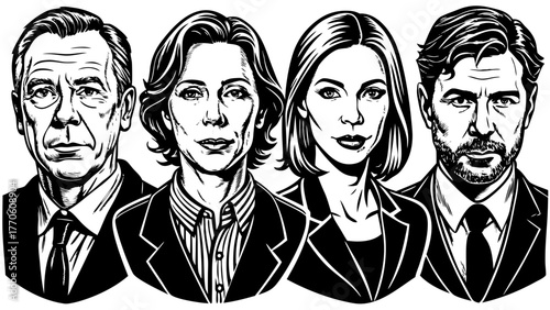 Very beautiful series of 6 avatars drawn with clean black rapidograph lines, depicting middle-aged characters aged 40–50, a mix of male and female faces, confident expressions, short and medium hairst