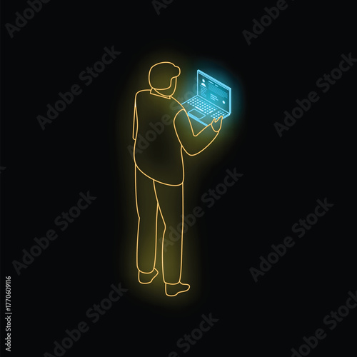 Neon style illustration of businessman holding laptop, browsing internet, working or checking social media