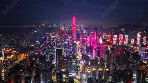 Aerial Night View of Shenzhen City Skyline with Colorful Lights and Modern Skyscrapers, China