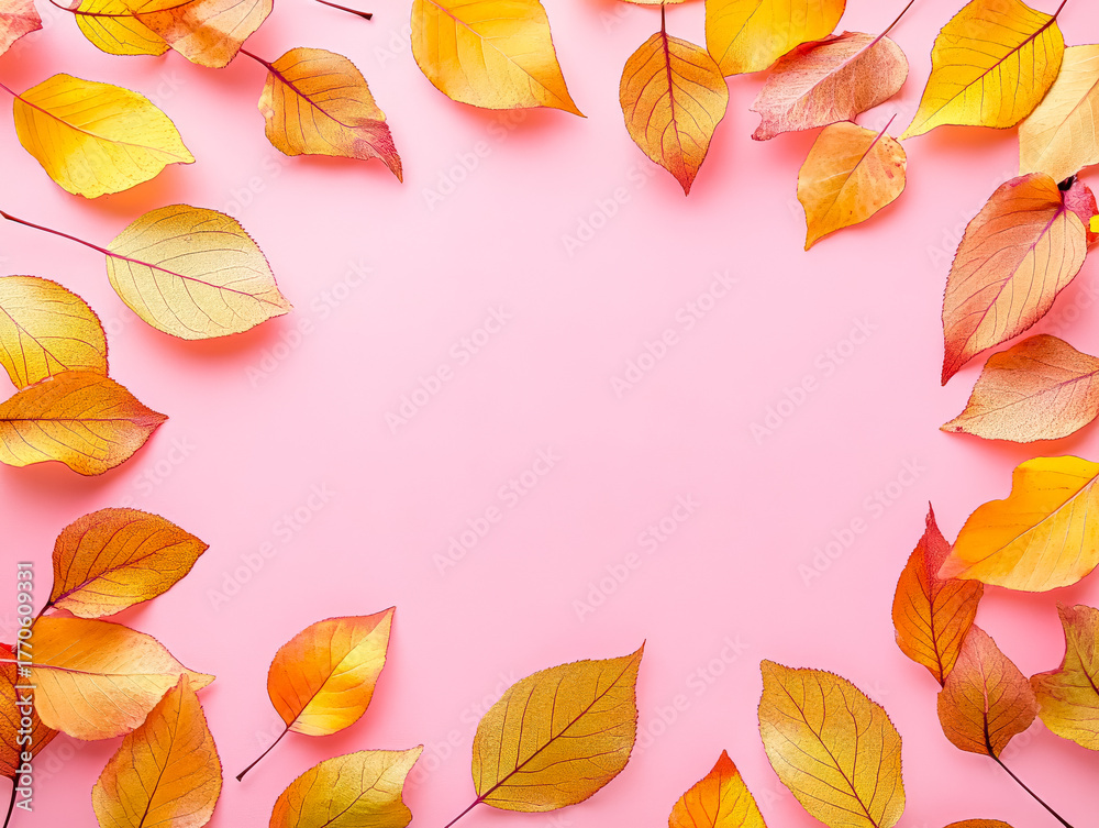 Fototapeta premium Autumn leaves arranged on a pink background with creative copy space in the center