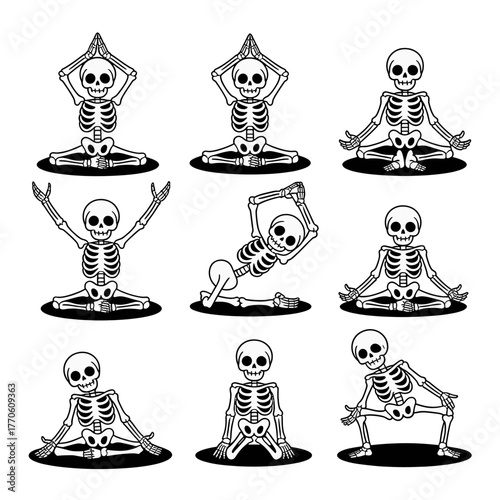 Collection of nine cartoon skeletons performing various yoga poses on a white background Keywords: skeletons, yoga, poses