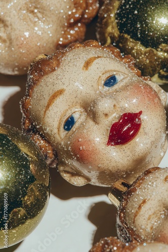 Kitsch Vintage Baby Face Christmas Ornament with Glitter and Red Lipstick
