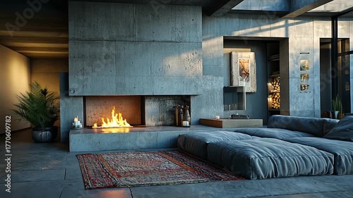 Modern minimalist living room with contemporary fireplace and cozy decor