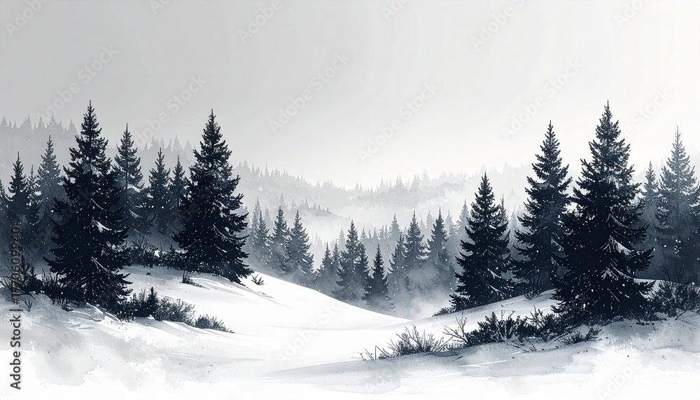 Obraz premium Snowy forest landscape with evergreen trees