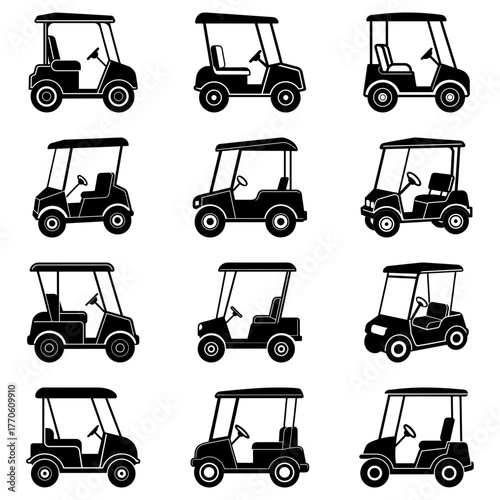 Diverse golf cart collection offers a variety of transportation options. Ideal for resorts, golf courses, or recreational areas seeking visual assets.