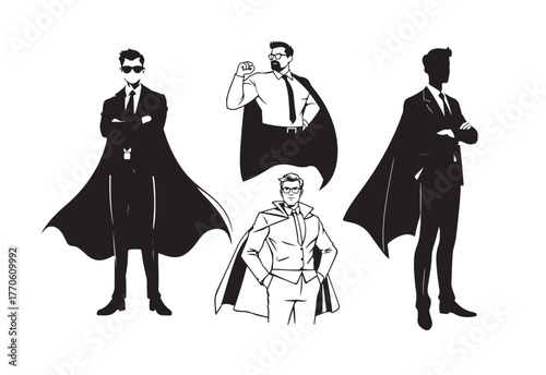 Three stylized superhero figures in silhouette, one standing with arms crossed, another with cape flowing, and third in dynamic pose, representing power and heroism